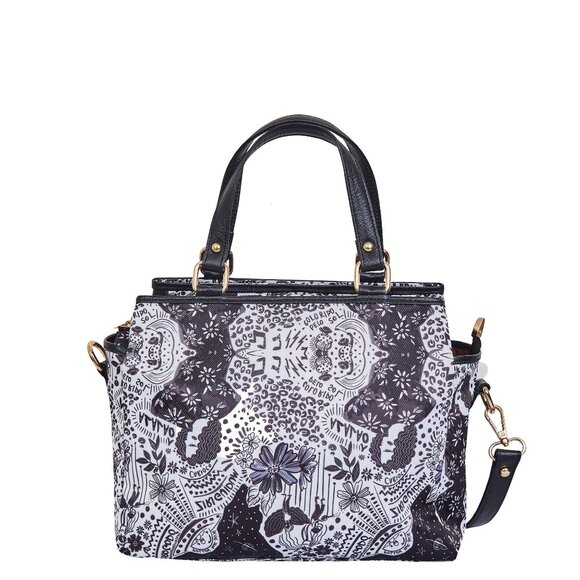 Black Printed Fabric Nylon Ladies Top Handle Satchel Bag Crossbody Sling Purse - Picture 1 of 9